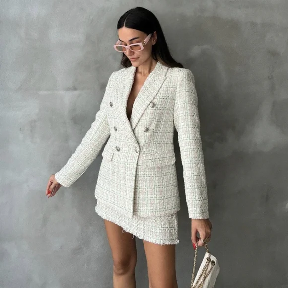 ZARA Set Double Breasted Textured Weave Tweed Jacket and Skort